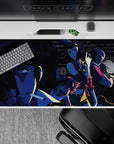 Noir energy 40x20 desk pad featuring Spike, Faye, Jet, and Ed in deep shadows and neon accents, capturing the unshakable cool of Cowboy Bebop’s crew