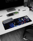 Bounty hunter feel 32x12 mouse pad with Spike, Faye, Jet, and Ed in deep shadows, neon accents, and unshakable cool for your anime desk setup