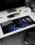 Deep shadows 36x16 anime desk mat with Spike, Faye, Jet, and Ed, blending neon accents and noir energy for a high-cool, bounty hunter-inspired desk setup