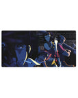 Cowboy Bebop 32x16 mouse pad with Spike, Faye, Jet, and Ed in deep shadows and neon accents, capturing the noir energy and bounty hunter attitude