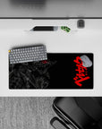 28x12 inches mouse pad with a monstrous figure, glowing red eyes, jagged armor, and high-contrast dark fantasy design.