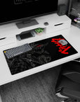 Modern 32x16 inches mouse pad featuring a monstrous figure with glowing red eyes and jagged armor for high-contrast intensity.