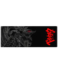 Compact 32x12 inches mouse pad with a monstrous figure in jagged armor, glowing red eyes, and raw intensity for power.