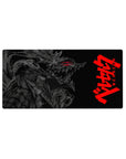 Mouse pad featuring a monstrous figure, 32x16 inches, with glowing red eyes, jagged armor, and high-contrast intensity.