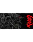 Mouse pad featuring a monstrous figure, 36x16 inches, with glowing red eyes and jagged armor for dark fantasy power.
