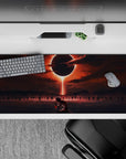 36x16 inches desk pad showcasing a lone figure in crimson-lit waters, clutching a mysterious talisman beneath an eerie eclipse, ideal for fans of dark fantasy.