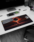 Modern 32x16 inches mouse pad showcasing a lone figure kneeling in crimson-lit waters under a dark eclipse, perfect for adding intensity and mystery to your desk.