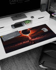 Artistic 36x16 inches desk pad featuring a breathtaking eclipse scene with a lone figure kneeling in crimson-lit waters, perfect for a dark, emotional desk setup.