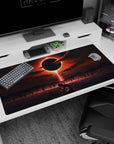 Large 40x20 inches desk pad with a lone figure kneeling in crimson-lit waters under an eerie eclipse, perfect for adding intense, dark storytelling to your workspace.