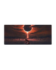 Mouse pad featuring a lone figure in crimson-lit waters beneath an eerie eclipse, 28x12 inches, perfect for adding dark fantasy aesthetics to your desk.