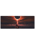 Compact 32x12 inches mouse pad featuring a lone figure in crimson-lit waters under an eerie eclipse, ideal for adding a powerful, haunting aesthetic to smaller desks.