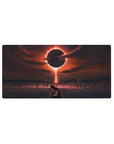 Mouse pad featuring a lone figure kneeling in crimson-lit waters under an eerie eclipse, 32x16 inches, perfect for fans of dark fantasy and atmospheric storytelling.