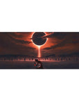 Anime desk pad featuring a lone figure in crimson-lit waters beneath an eerie eclipse, 36x16 inches, perfect for transforming your desk with haunting beauty.