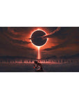 Desk pad featuring a breathtaking yet eerie eclipse scene, with a lone figure kneeling in crimson-lit waters, 40x20 inches, perfect for fans of dark fantasy and intense storytelling.