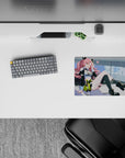 Neon-lime and candy-pink anime mouse pad 14x10 inches, techy stickers, chain-link edge, cute rebel vibe.