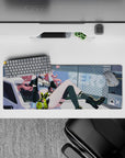 Neon-lime and candy-pink anime girl mouse pad 32x12 inches, edgy street-cute vibe with tech stickers.