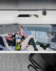 Neon-lime and candy-pink anime desk pad 36x16 inches, street-cute vibe with techy chain-link art.