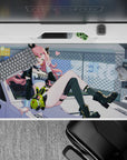 Vibrant neon-lime and candy-pink anime desk pad 40x20 inches, street-cute vibe with tech stickers.