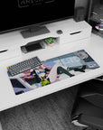Anime girl lounging on a sleek car hood, flashing a V-sign, on a 32x12 inches mouse pad with chain-link backdrop.