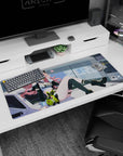 Pink-haired anime girl lounging on car hood flashing V-sign, bunny plush detail desk pad 36x16 inches.