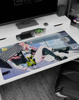 Anime girl with pink hair lounging on a car hood, V-sign and heart, bunny plush desk pad 40x20 inches.