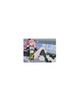 Classic anime girl mouse pad 14x10 inches with pink curls, car hood pose, edgy streetwear, bunny plush.