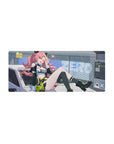 Anime girl mouse pad 28x12 inches with candy-pink curls, neon accents, edgy streetwear, bunny plush.