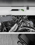 36x16 inches mouse pad with a Berserker warrior in high-contrast manga style, capturing battle chaos and raw emotion.