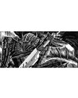 Mouse pad featuring a Berserker warrior, 36x16 inches, with intense manga design, blade dripping with chaos for gamers.