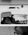 32x12 inches mouse pad with a lone warrior resting under the moonlight, with deep shadows and fine manga detailing for a gripping atmosphere.