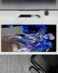 32x16 inches anime girl mouse pad in sapphire blues and smoky shadows, dreamy neon glow and calm gradients.