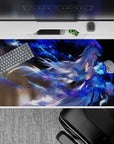 40x20 inches anime desk pad in sapphire blues and smoky shadows, dreamy neon glow, fantasy vibe.
