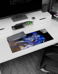 28x12 inches mouse pad featuring an ice mage anime girl, windblown hair and glowing blue ribbons.