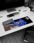 32x12 inches desk mat showing an anime girl with wind-swept blue hair, glowing blue streaks behind her.