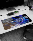 32x16 inches anime girl mouse pad featuring a wind-swept heroine with glowing blue ribbons over a soft backdrop.