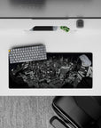 Mouse pad featuring a 28x12 inch Persona 5 cityscape in grayscale, showcasing Tokyo's stylized skyline with a noir vibe.
