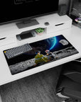 32x16 inches anime mouse pad showing spiky-haired boy and pink-bob girl gazing at a giant planet.