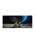 Anime mouse pad 28x12 inches with two pilots on a cratered moon facing a neon-rimmed planet.