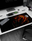 Anime mouse pad 40x20 inches featuring Obito Uchiha’s mask with Sharingan from Naruto, in dark orange and crimson tones.