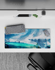 28x12 inches anime mouse pad in cool blues and misty whites, calm ocean-glow highlights, serene quest vibe.
