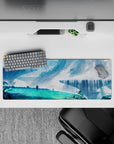 32x12 inches anime mouse pad in cool blues and misty whites, ocean-glow highlights and calm dreamy clouds.