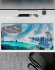32x16 inches anime mouse pad in cool blues and misty whites, calm ocean-glow highlights for a dreamy desk vibe.