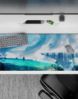 Cool blue anime desk pad 36x16 inches in misty whites with ocean-glow highlights and calm sky-water mood.