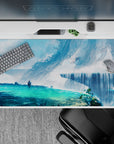 40x20 inches anime desk pad in cool blues and misty whites, ocean-glow highlights for a calm dreamy vibe.