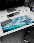 Anime desk pad 36x16 inches showing a lone watcher and a green-armored adventurer above silky falls.