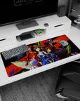 Powerful 36x16 anime desk mat with intense reds, deep shadows, and hand-painted energy, capturing the essence of heroism and struggle