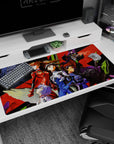 Bold 40x20 anime desk mat showcasing dramatic reds and deep shadows for a hand-painted, battle-ready visual with powerful storytelling