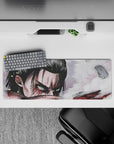 Epic 32x12 mouse pad with Eren Yeager’s intense gaze, smoky battlefield, and war-torn face for a powerful Attack on Titan theme