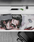 Fury 36x16 desk pad with Eren Yeager’s piercing gaze, war-torn face, and smoky battlefield for a powerful Attack on Titan design