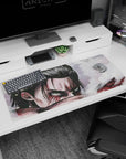 Epic 36x16 anime desk mat with Eren Yeager, fierce gaze, and war-torn face under a smoky battlefield for an intense final battle vibe